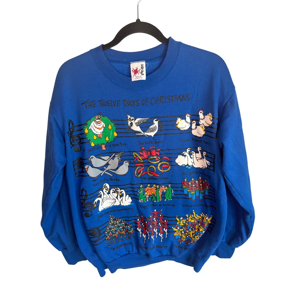 Vintage EZL Twelve Days of Christmas Sweatshirt Blue Made in USA Small